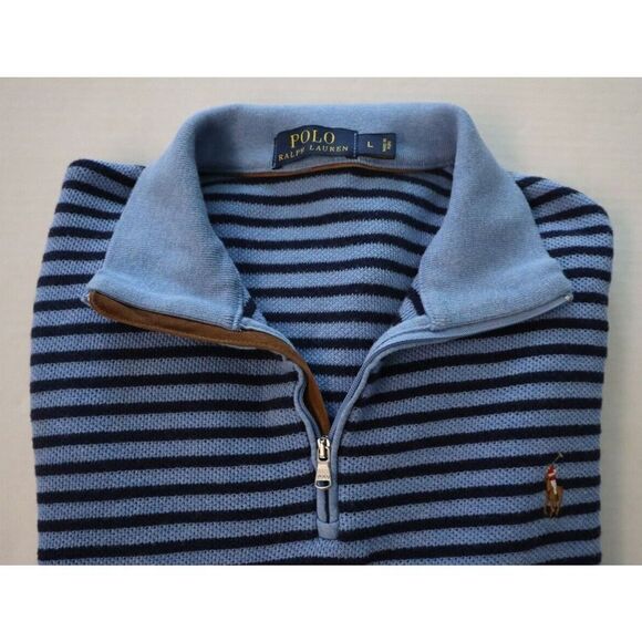 Polo Ralph Lauren Men Sz L Royal Blue Striped Knit 1/4 Zip Pullover Sweater $165 - Picture 6 of 7